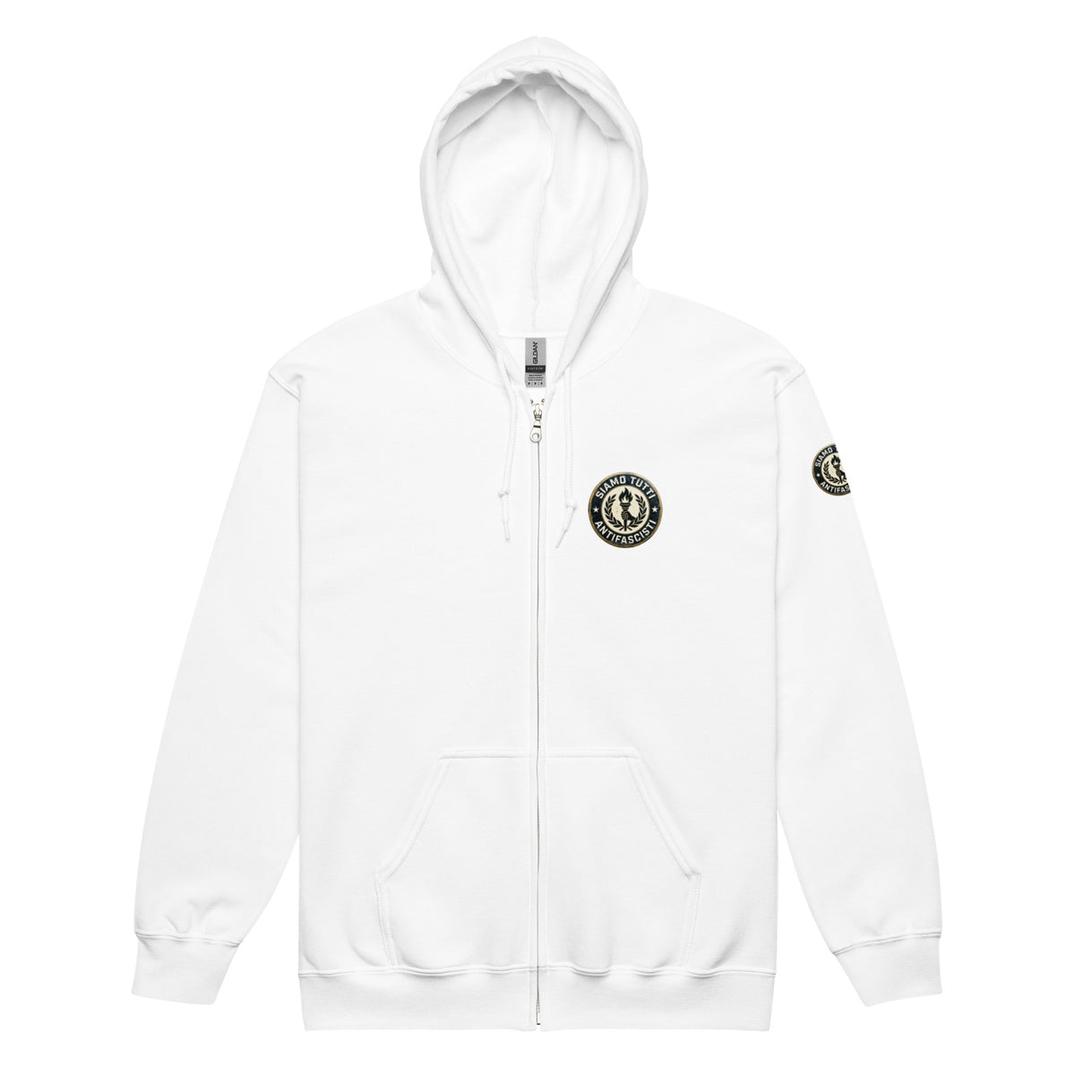 Weißer Unisex Zip‑Hoodie mit rundem Fackel‑ und Lorbeerkranz‑Emblem und dem Schriftzug „Siamo Tutti Antifascisti“.