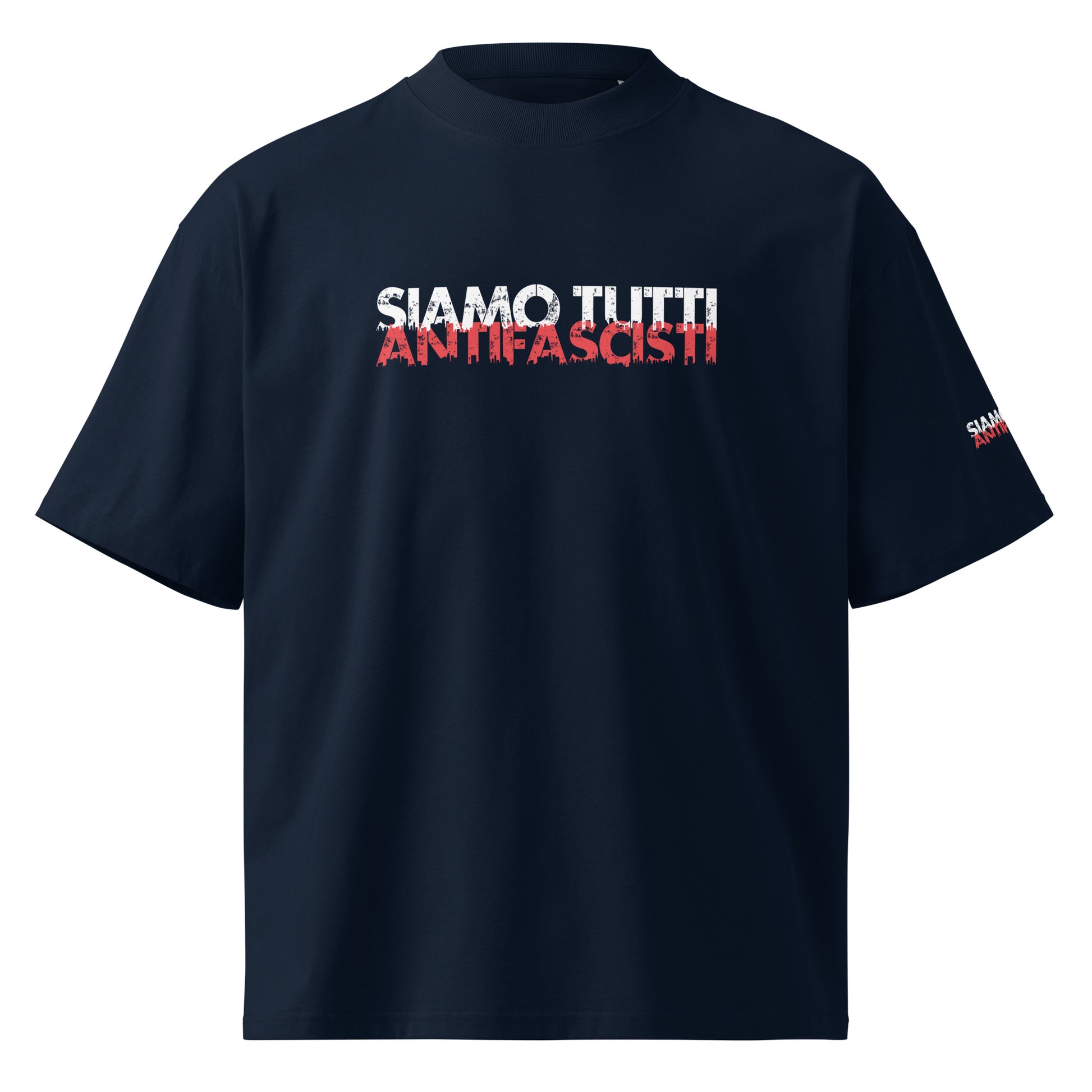 Frontansicht Navy Oversize T-Shirt Kleidung gegen Rechts