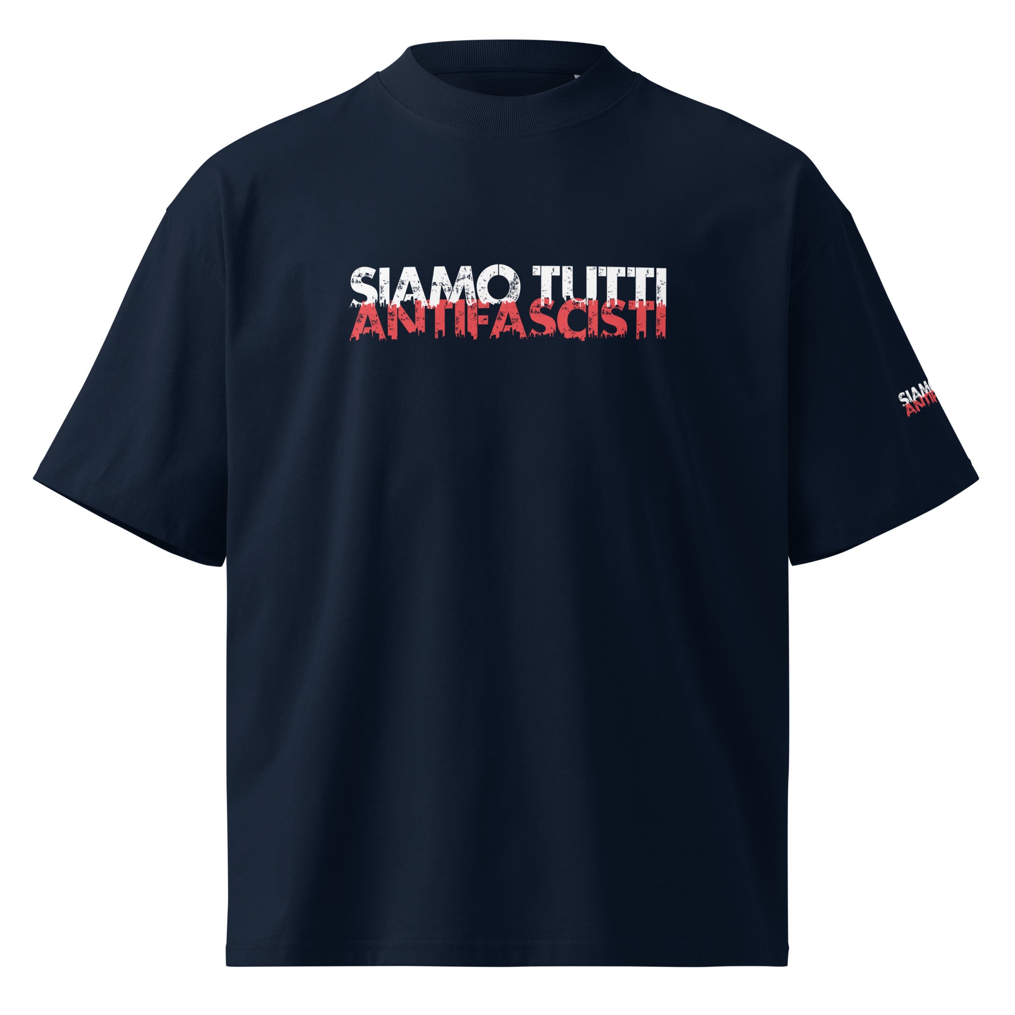 Frontansicht Navy Oversize T-Shirt Kleidung gegen Rechts
