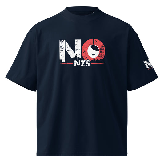 NO NZS Oversized Unisex Bio T Shirt Frontansicht mit großem NO NZS Print Navy