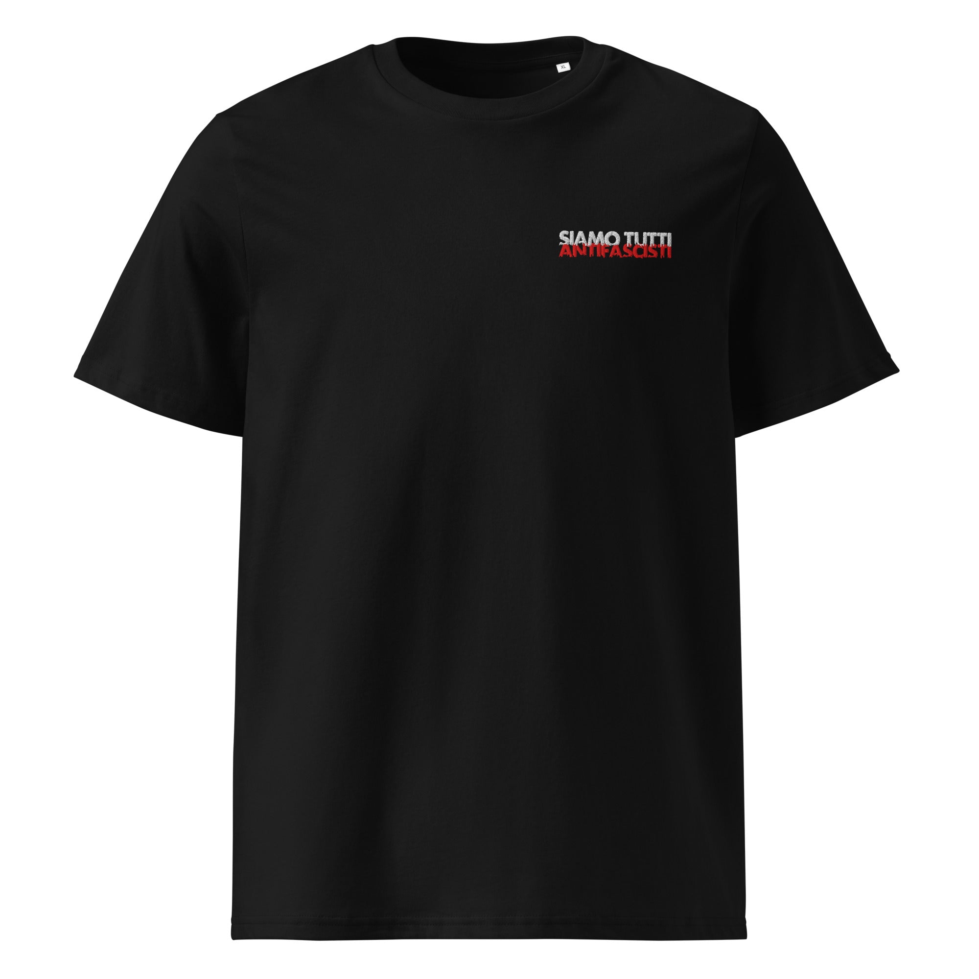 „Schwarzes Unisex‑Bio‑T‑Shirt mit gesticktem Schriftzug ‚Siamo tutti antifascisti‘ im Distressed Look.“