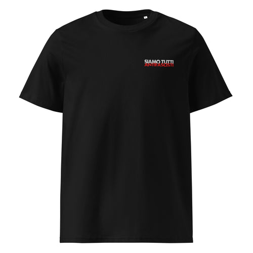 „Schwarzes Unisex‑Bio‑T‑Shirt mit gesticktem Schriftzug ‚Siamo tutti antifascisti‘ im Distressed Look.“