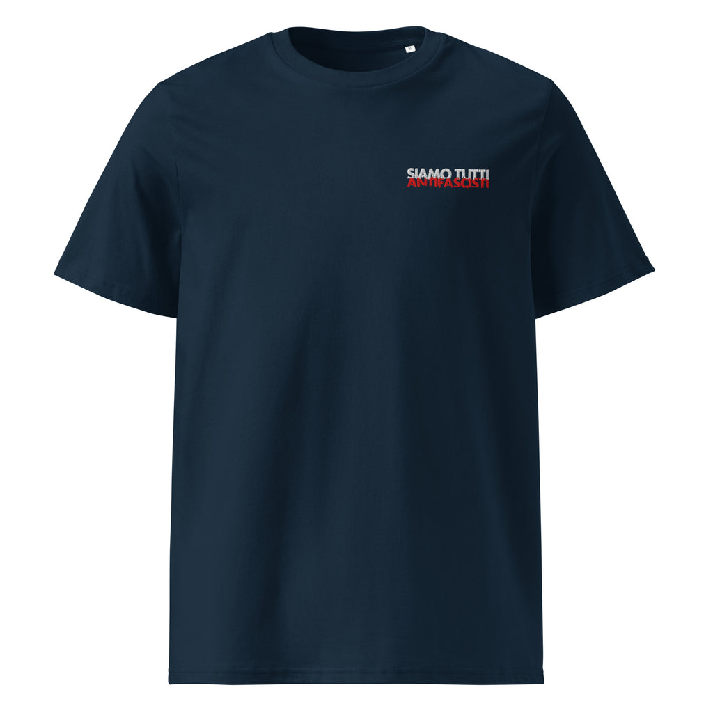 „Dunkelblaues Unisex‑Bio‑T‑Shirt mit weißer gestickter antifaschistischer Botschaft auf der Brust.“