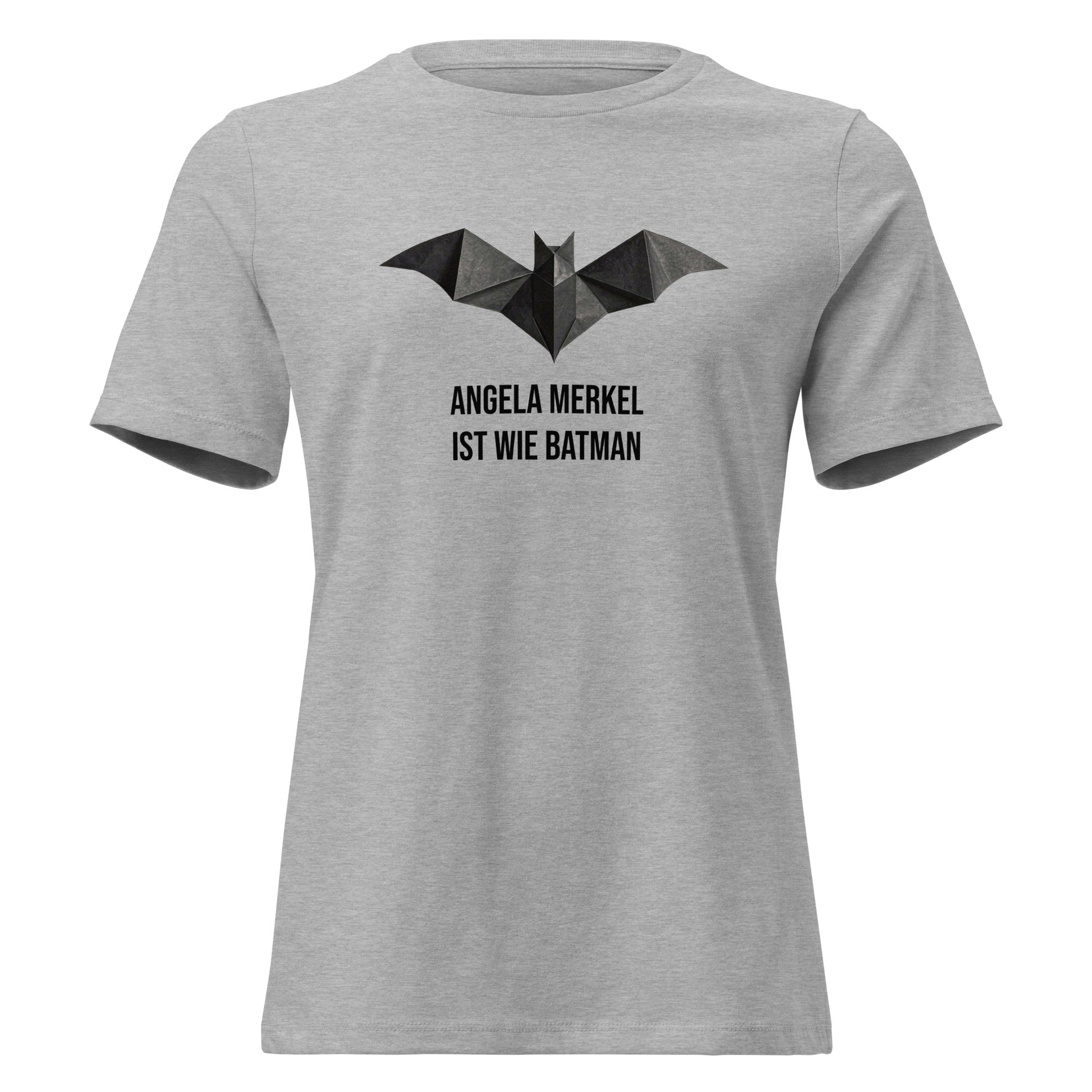 „Graues Damen‑T‑Shirt mit Origami‑Bat‑Symbol und dem Aufdruck ‚Angela Merkel ist wie Batman‘ – Light Edition der Raute‑Comeback‑Kollektion.“