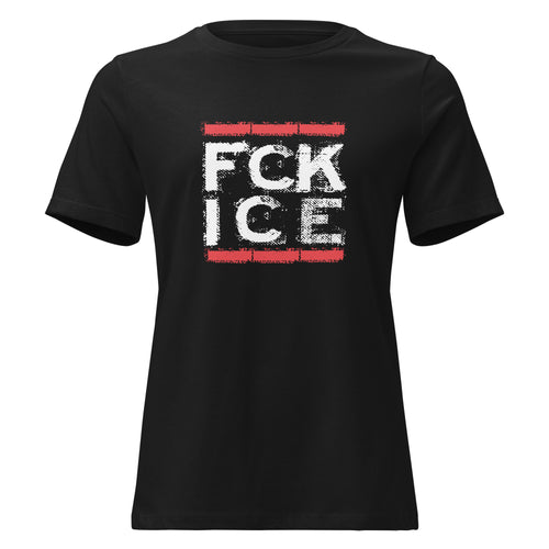 FCK ICE T‑Shirt für Frauen, Schwarzes  Shirt mit rotem Backstein‑Print und weißem distressed Schriftzug

