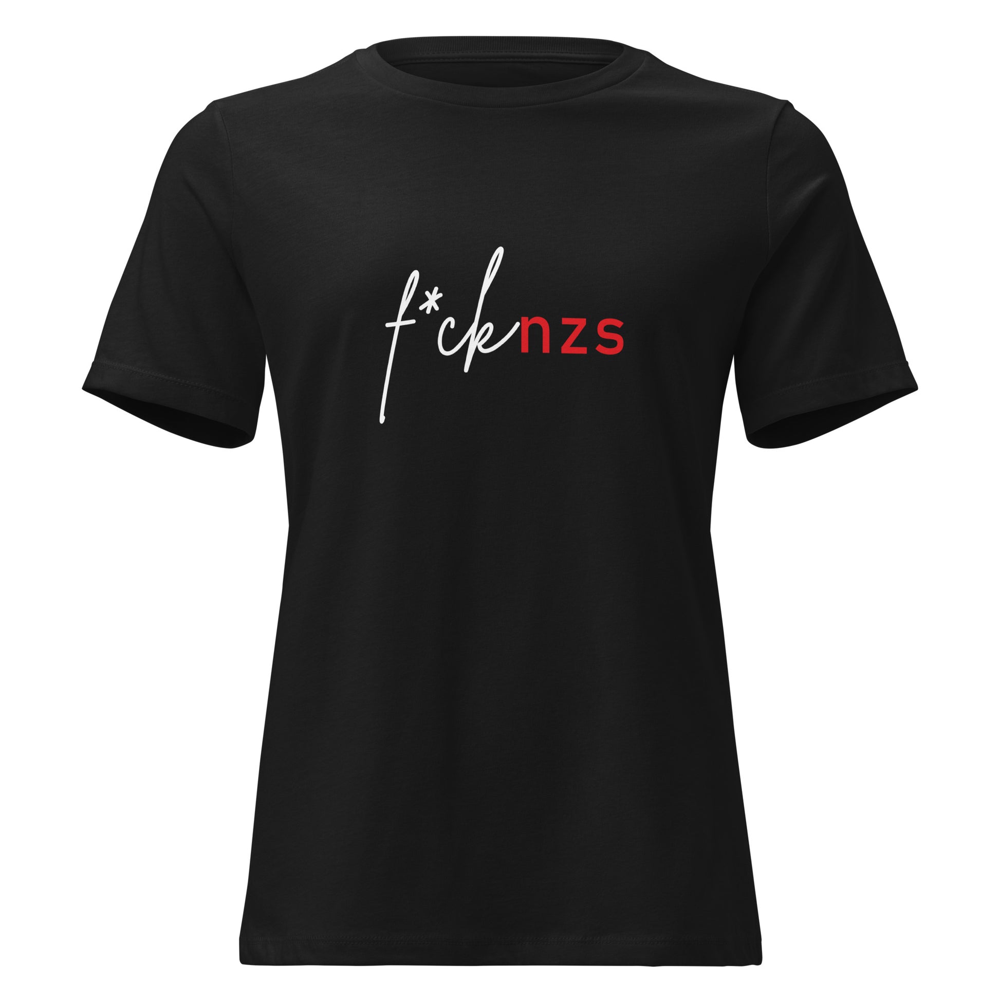 T‑Shirt für Frauen mit Statement „FCK NZS“, schwarzes Shirt mit typografischem Print
