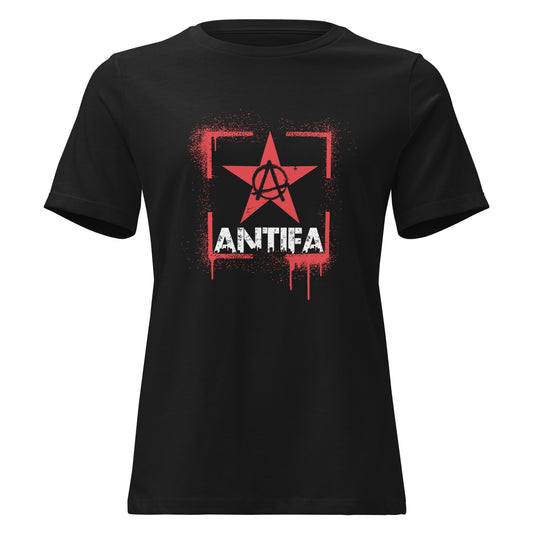 Schwarzes Damen T-Shirt mit rotem Stern, Anarchie-Symbol und weißem ANTIFA-Schriftzug im Spray-Stil 