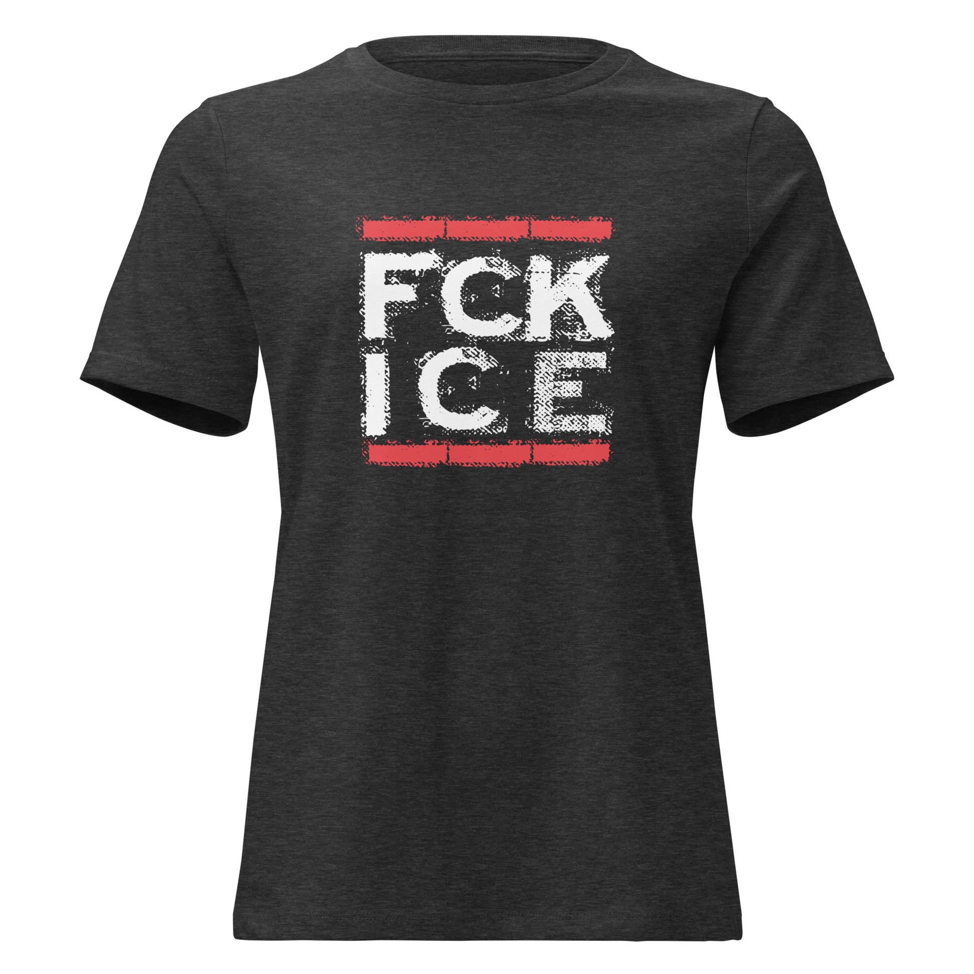 FCK ICE T‑Shirt für Frauen, graues Shirt mit rotem Backstein‑Print und weißem distressed Schriftzug

