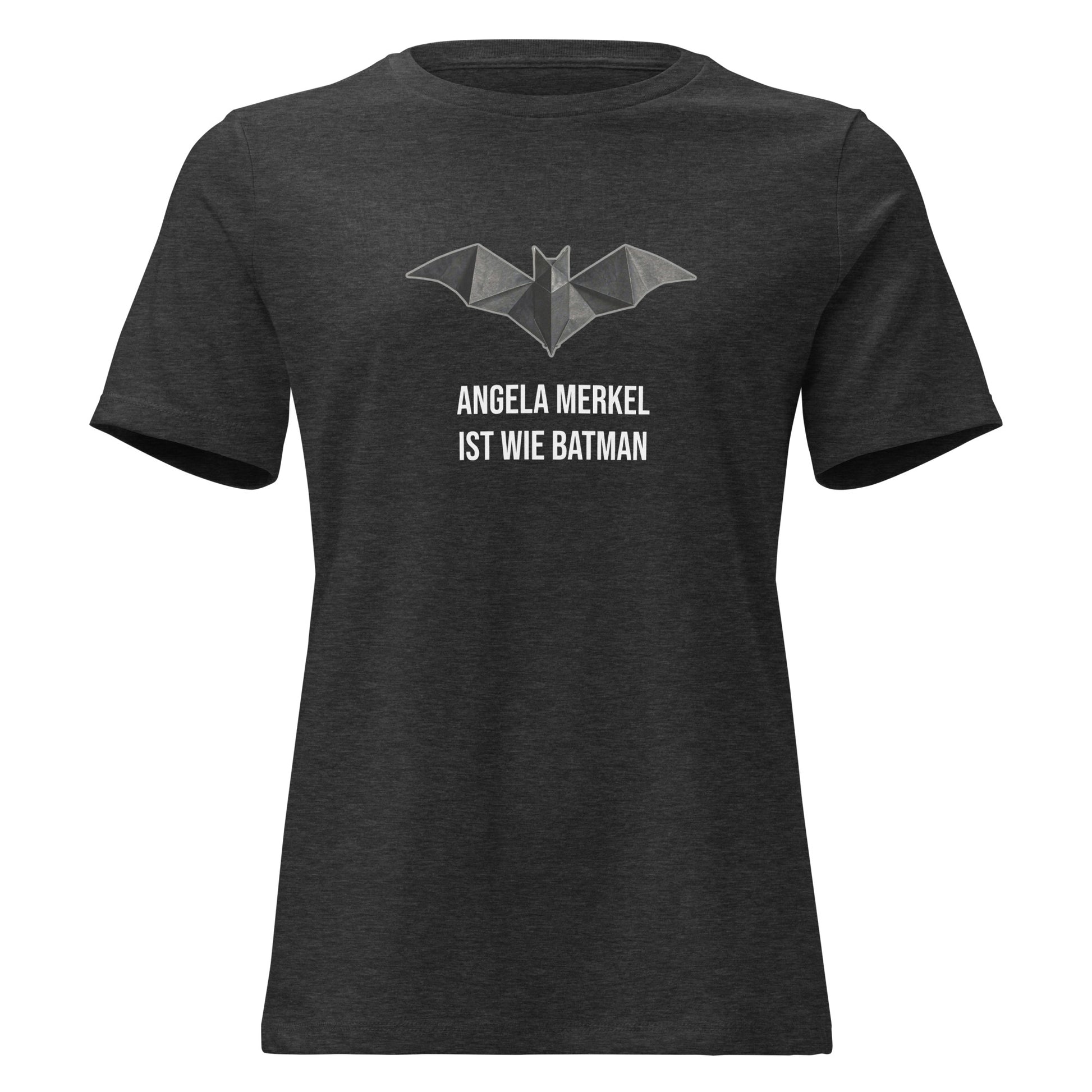Graues Damen T‑Shirt mit Origami‑Bat‑Symbol und dem Aufdruck ‚Angela Merkel ist wie Batman‘ aus der Raute – The Comeback Kollektion.