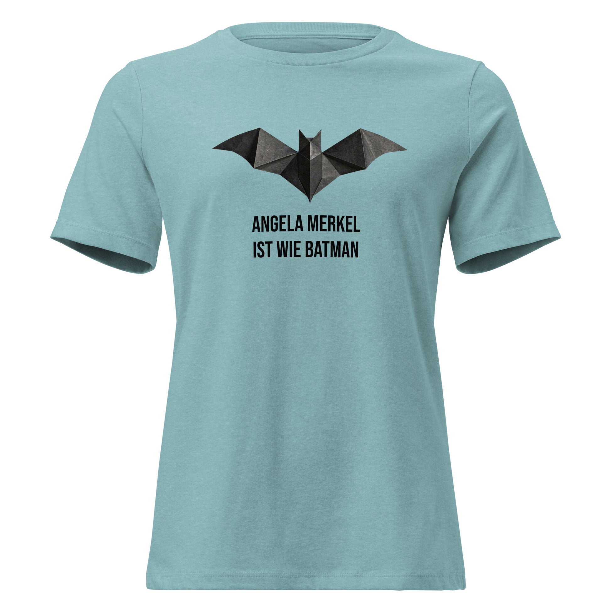 Damen‑T‑Shirt mit Origami‑Bat‑Symbol und dem Aufdruck ‚Angela Merkel ist wie Batman‘ – Light Edition der Raute‑Comeback‑Kollektion.“