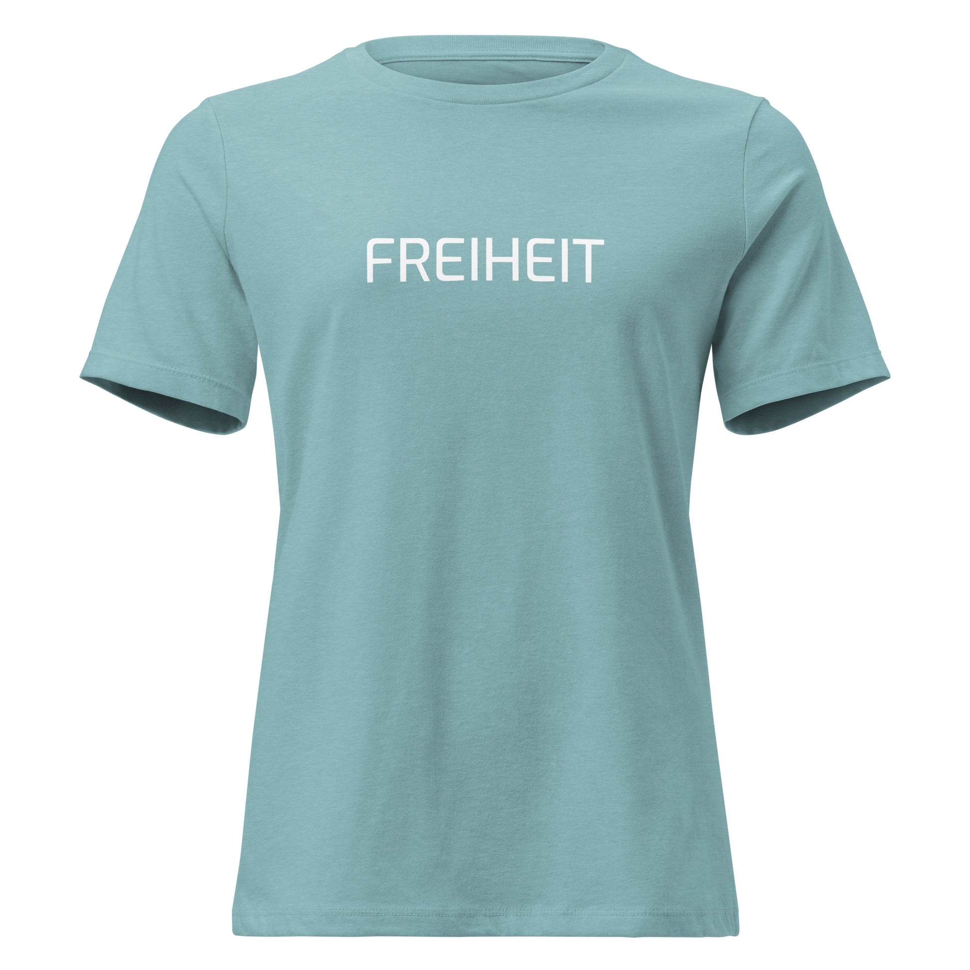 Heather Blue Lagoon: Damen T‑Shirt Freiheit 161 in Heather Blue Lagoon – Lockeres Statement Shirt mit Freiheit Frontprint

