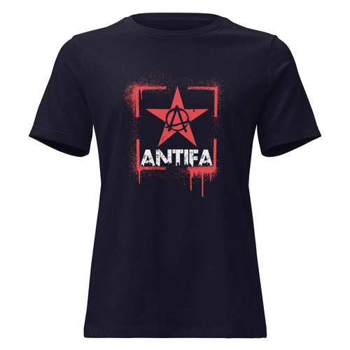 Navy Damen T-Shirt mit rotem Stern, Anarchie-Symbol und weißem ANTIFA-Schriftzug im Spray-Stil