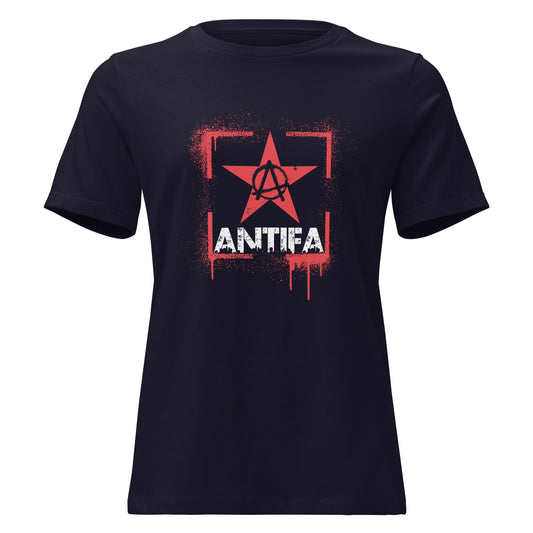 Navy Damen T-Shirt mit rotem Stern, Anarchie-Symbol und weißem ANTIFA-Schriftzug im Spray-Stil