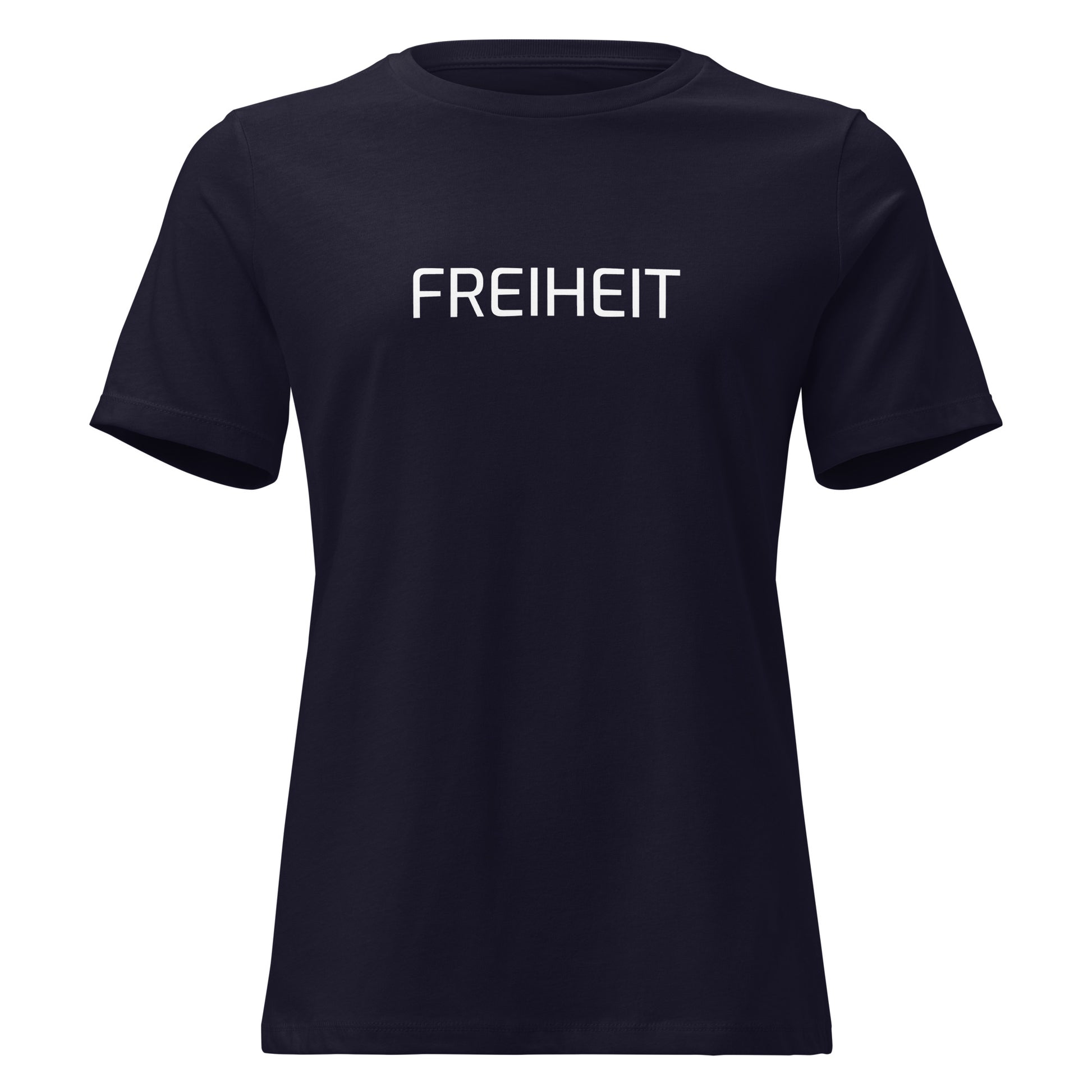 Navy: Damen T‑Shirt Freiheit 161 in Navy – Lockeres Statement Shirt mit Freiheit Frontprint