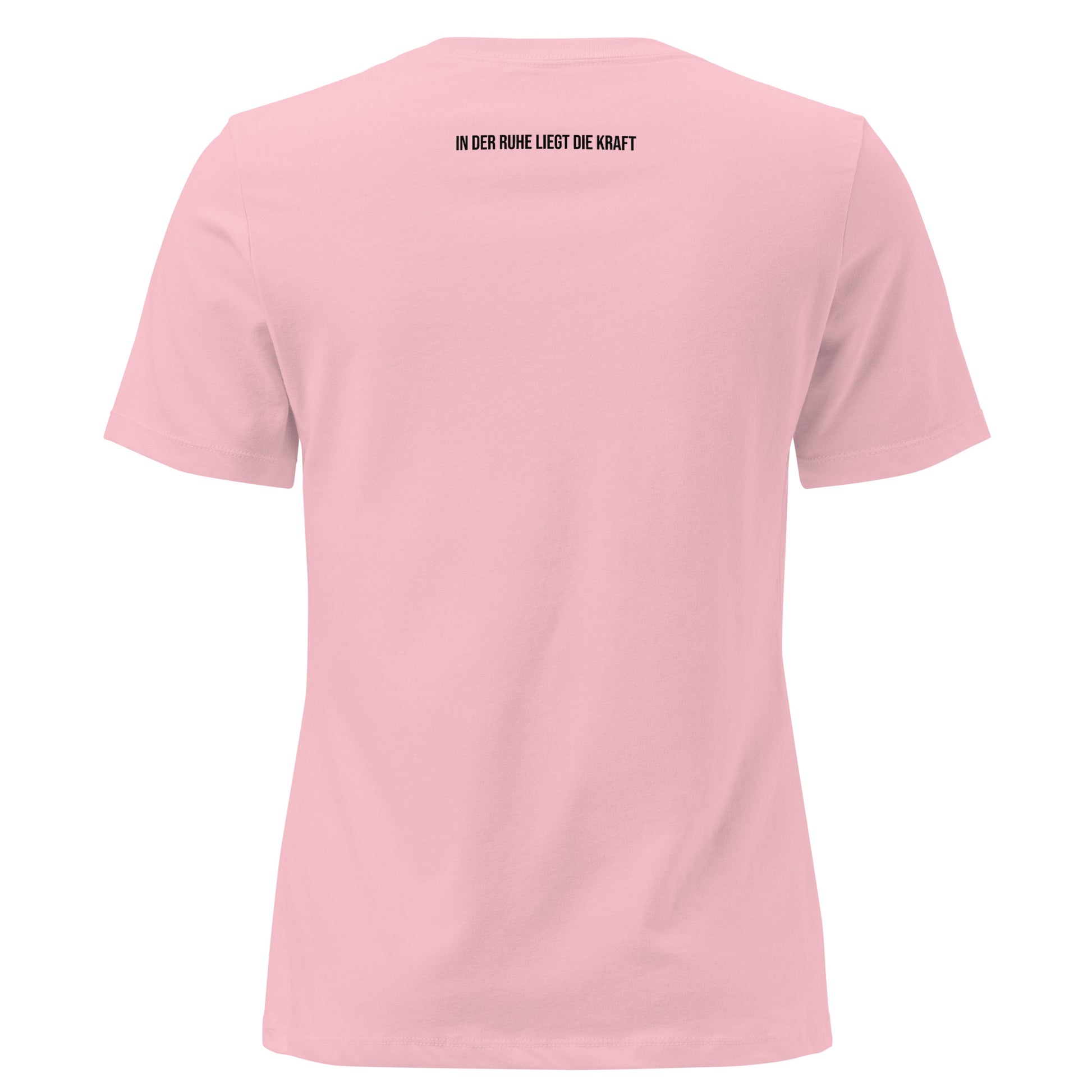 Ein rosa Damen T‑Shirt mit einer minimalistischen Line‑Art‑Illustration der Merkel‑Raute auf der Brust und Minimalisten Print auf der Rückseite