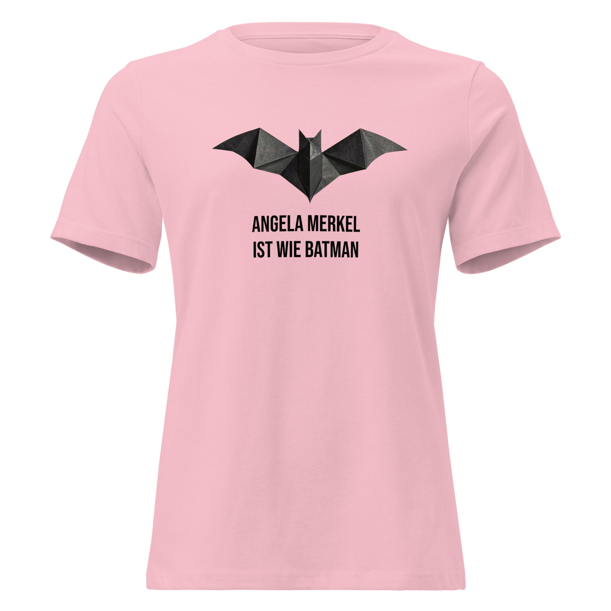 Rosa Damen‑T‑Shirt mit Origami‑Bat‑Symbol und dem Aufdruck ‚Angela Merkel ist wie Batman‘ – Light Edition der Raute‑Comeback‑Kollektion.“